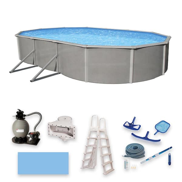 Blue Wave Belize 18 ft. x 33 ft. Oval x 52 in. Deep Metal Wall Above Ground Pool Package with 6 in. Top Rail