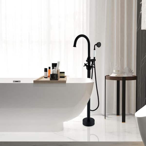 2-Handle Freestanding Tub Faucet with Round Hand Shower in Matte Black