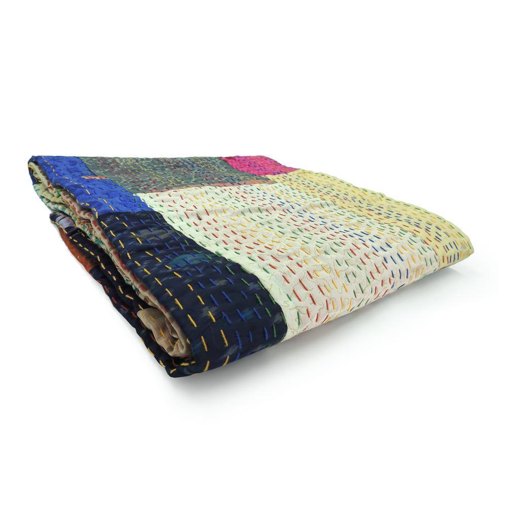 Multicolor Cotton and Silk Patchwork Throw Blanket