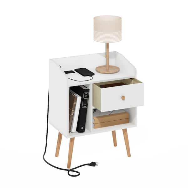 Claude 18.9 in. White Rectangle Wood End Table with Charging Station