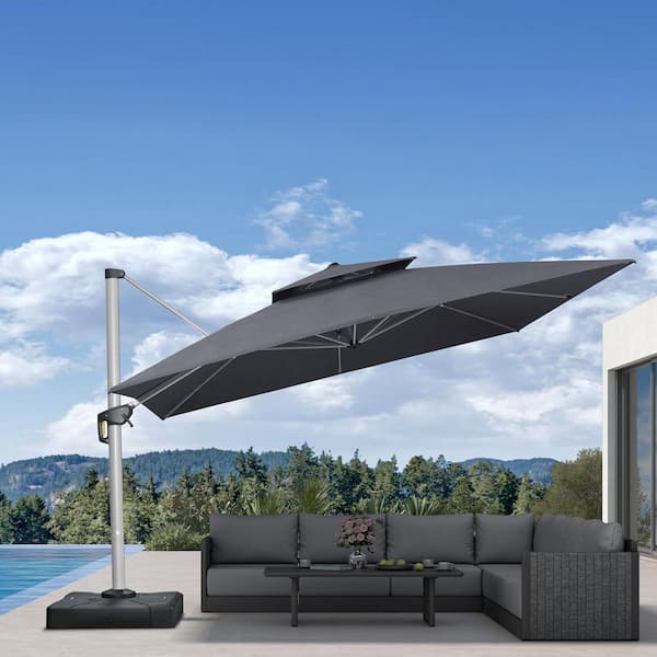 12 ft. Square Sunbrella Aluminum 360° Rotation Silvery Cantilever Outdoor Patio Umbrella in Gray