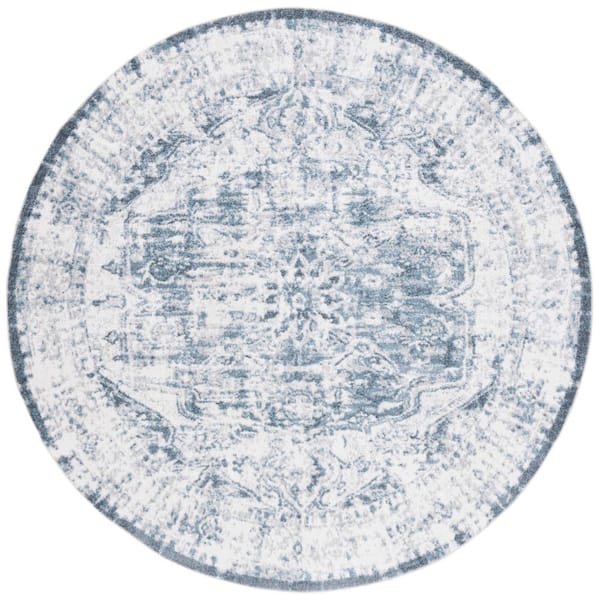 SAFAVIEH Baltimore 7 ft. x 7 ft. Light Gray/Blue Machine Washable Distressed Medallion Round Area Rug