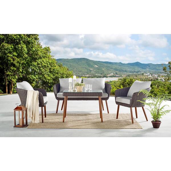 Alaterre Furniture Athens All-Weather Wicker Outdoor Conversation Set with 26 in. H Cocktail Table, Set of 2 Chairs and 2-Seat Bench