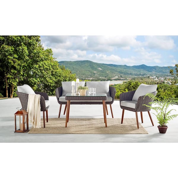 Pure Garden Athens Brown 4-Piece All-Weather Wicker Outdoor Conversation Set with Light Gray Cushions