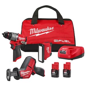 M12 FUEL 12-Volt Li-Ion Brushless Cordless Hammer Drill Combo Kit, Reciprocating Saw, Flood Light w/2 Batteries (3-Tool)