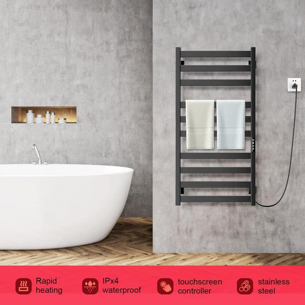 Matte Black 10-Bar Wall Mounted Electric Towel Warmer