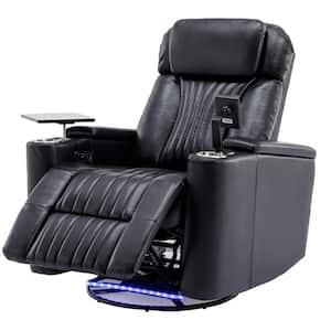Home Theater Power Swivel Recliner in Black with Hidden Arm Storage and LED Light Strip,Cup Holder,Swivel Tray Table