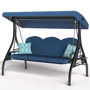 3 Seat Black Square Tube Metal Porch Swing with Blue Removable Cushions and Adjustable Canopy for Patio