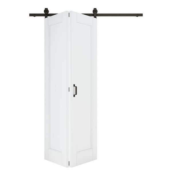 48 in. x 96 in. 1-Paneled White Primed MDF Bifold Sliding Barn Door with Hardware Kit (Not Include Frosted Glass)