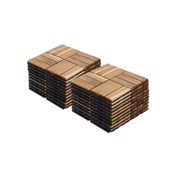12 in. x 12 in. Checker Pattern Acacia Wood Interlocking Deck Tiles in Yellow for Patio, Pool Side (Set of 20 Tiles)