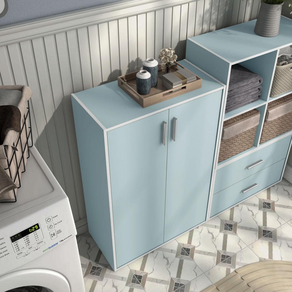 Light Blue Stackable Wood Kids Cabinet with Doors