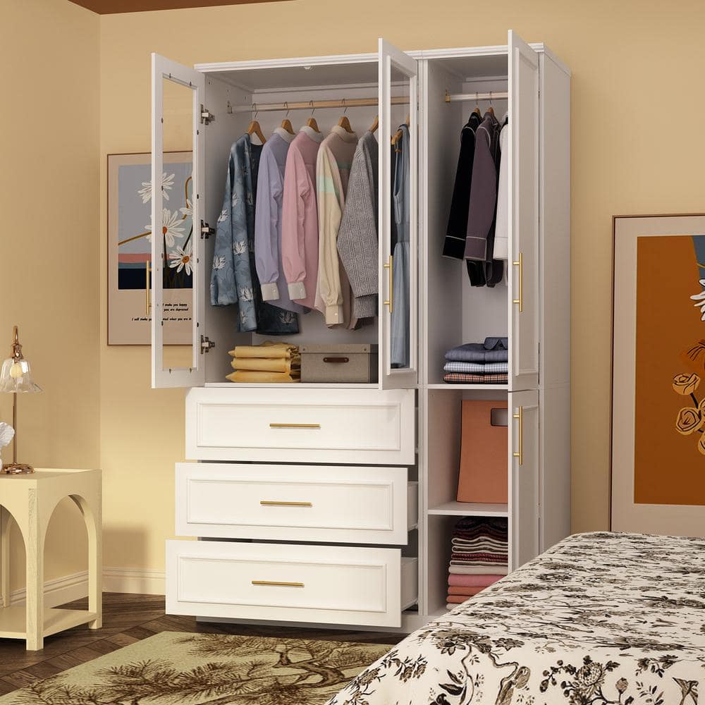 2-Combination White Wood 47.6 in. W 4-Door Big Armoires with 2-Hanging Rods, 3-Drawers, Shelves 74.8 in. H x 19.3 in. D - thumbnail 5