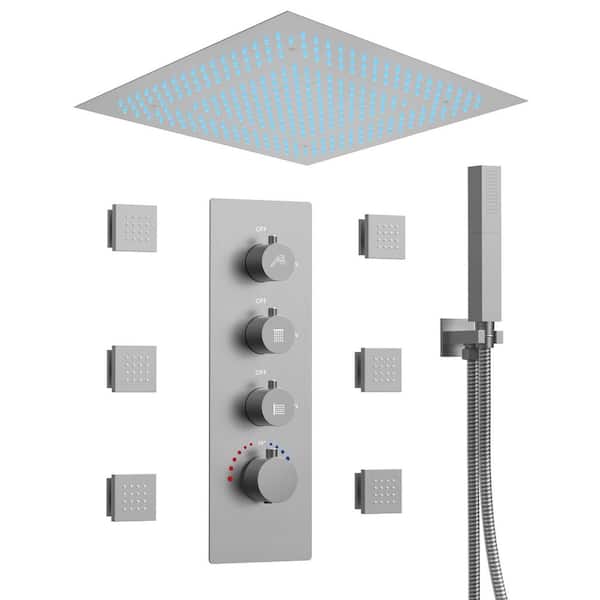 EVERSTEIN 7-Spray 20 in. Flush Ceiling Mount Fixed and Handheld Dual Shower Head with LED in Matte Nickel (Valve Included)
