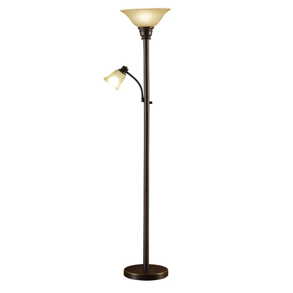 CATALINA Kerrington 71 in. Oil Rubbed Bronze 2-Light Torchiere Floor Lamp with Glass Bell Shade 18223-002