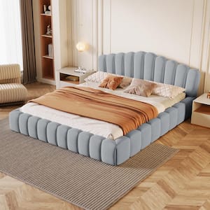 Shell-Shaped Light Blue Upholstered Velvet Wood Frame Queen Size Platform Bed