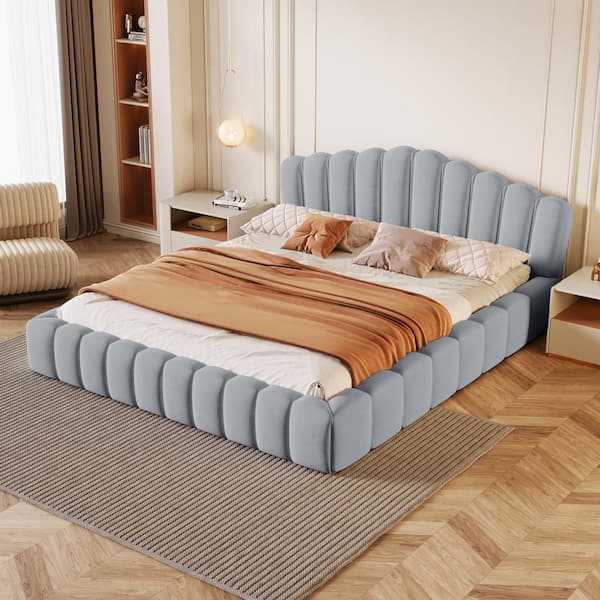 Harper & Bright Designs Shell-Shaped Light Blue Upholstered Velvet Wood Frame Queen Size Platform Bed