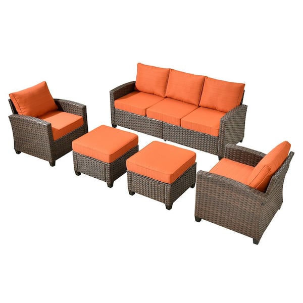 Palermo Brown 5-Piece Relaxing Modern Wicker Modular Outdoor Patio Conversation Sofa Set with Orange Red Cushions