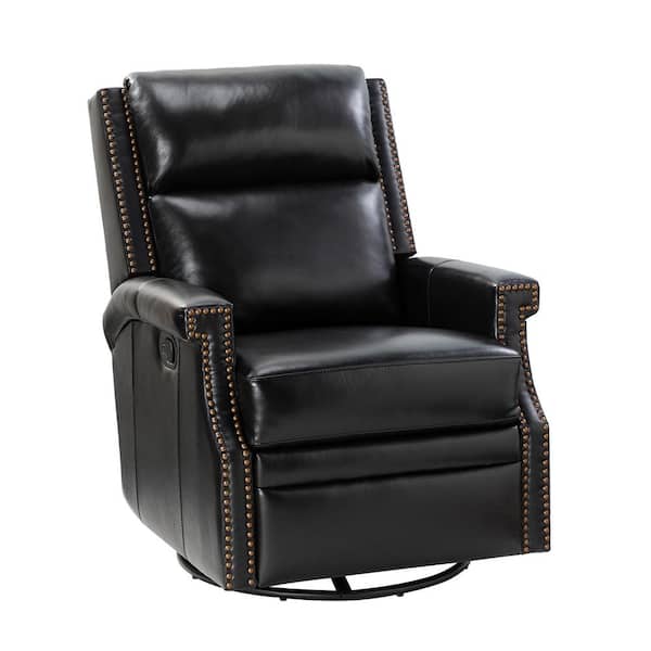 JAYDEN CREATION Dryope Black Genuine Leather Swivel Rocker Recliner with Nailhead Trim