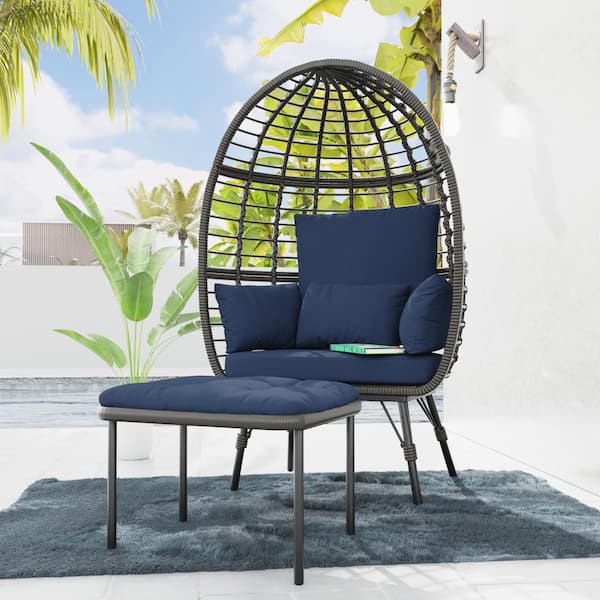 Sudzendf Wicker Outdoor Lounge Chair, Wicker Egg Chair with Blue Cushions and Ottoman