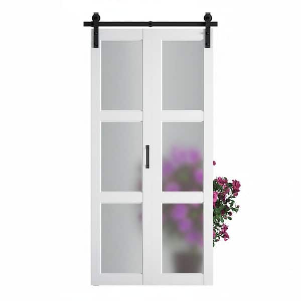 40 in. x 84 in. Bi-Fold 3-Lite Frosted Glass White Finished Solid Core MDF Sliding Barn Door with Hardware Kit