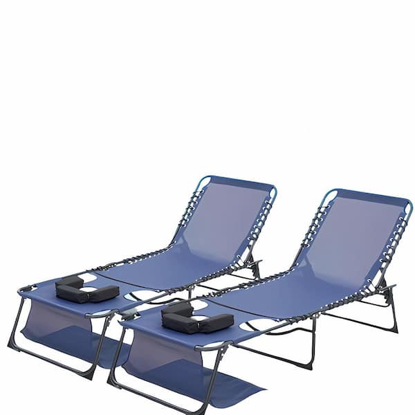 Metal Folding Outdoor Chaise Lounge with Face Hole, 5-Position Reclining Portable Patio Chair, Dark Blue