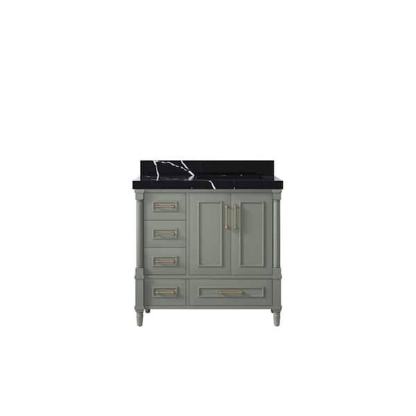 Willow Collections Hudson 36 in. W x 22 in. D x 36 in. H Right Offset Sink Bath Vanity in Evergreen with 2 in. Calacatta Black Qt. Top