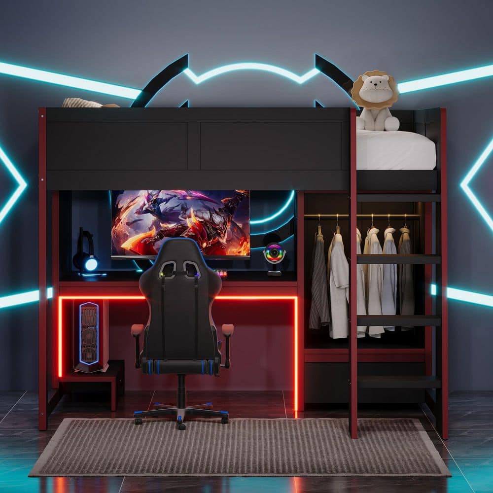 Black Wood Frame Twin Size Gaming Loft Bed with Desk, LED Light, Opening Wardrobe, Drawer, Ladder