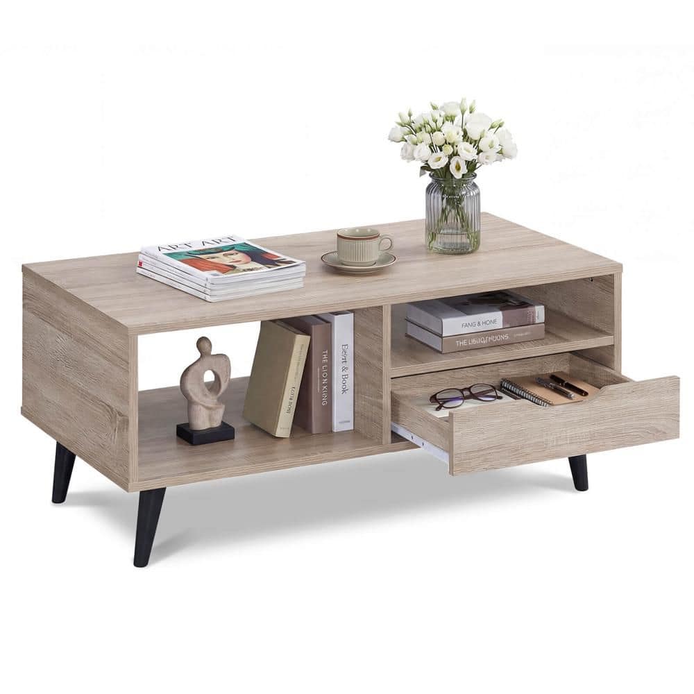 Coffee Table with Storage, Rustic Rectangle Center Table with Drawer & Open Shelves Natural