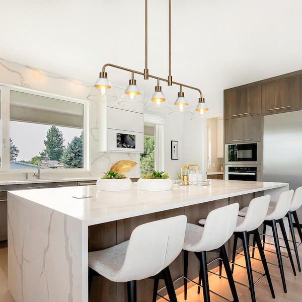 35.5 in. 5-Light White Kitchen Island Chandelier, Mid-Century Modern Plated Gold Bell Linear Chandelier Light Fixture