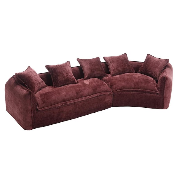 HOMEFUN 126 in. Straight Arm Chenille Curved Modular Large Sectional Sofa Oversized Couch Sofa with Pillows in. Wine Red