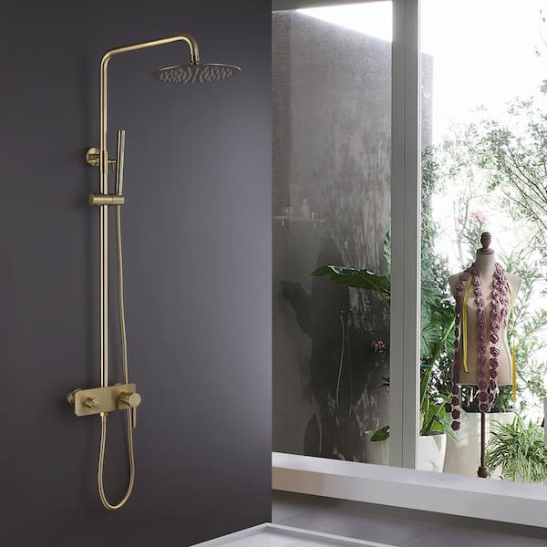 FLG Single Handle 1-Spray Exposed Pipe Tub and Shower Faucet 1.8 GPM Wall Mount Shower System in Brushed Gold Valve Included