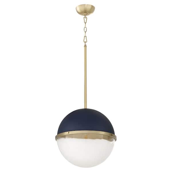 14 in. 1-Light 60-Watt Light Pendant with a Milky Glass Sphere Aged Brass and Blue