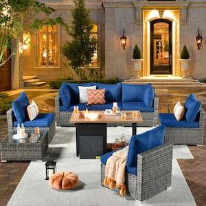 Daffodil B Gray 8-Piece Wicker Patio Storage Fire Pit Conversation Sofa Set with Navy Blue Cushions