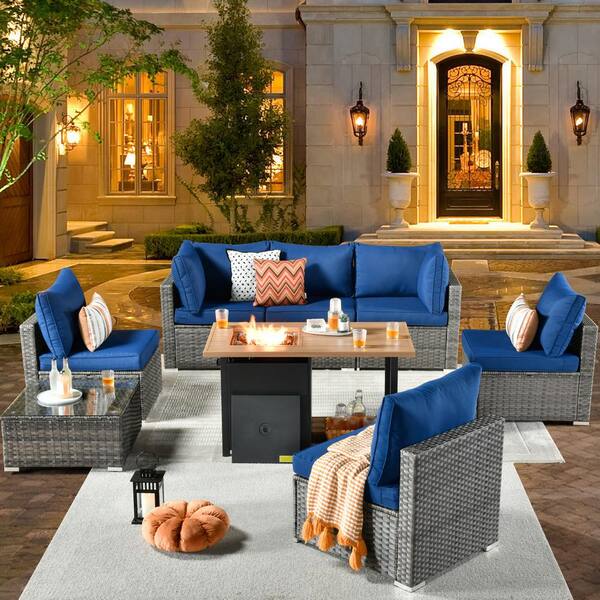 weaxty W Daffodil B Gray 8-Piece Wicker Patio Storage Fire Pit Conversation Sofa Set with Navy Blue Cushions