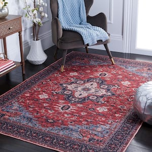 Serapi Red/Navy 5 ft. x 8 ft. Machine Washable Border Geometric Area Rug