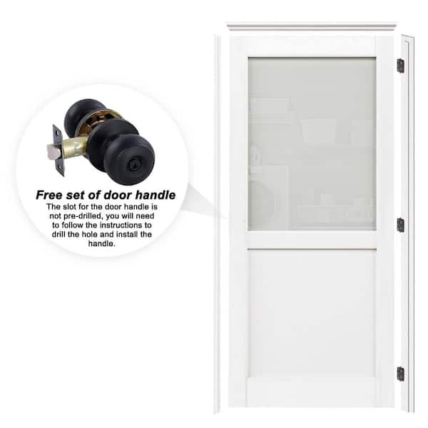 36 in. x 80 in. 1/2-Lite Frosted Glass Right White Solid Core Wood Single Interior Door Kit with Quick Assemble Jamb