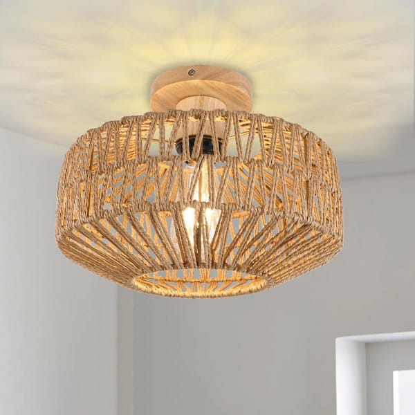 Unbranded 12 in. 1-Light Bohemian Rattan Semi Flush Mount Ceiling Light for Dining Room Foyer Entrance Kitchen Bedroom