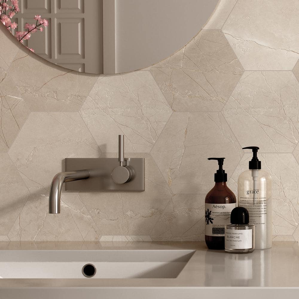Beige Hexagon Porcelain Wall and Floor Tile 7.7" x 8.9"