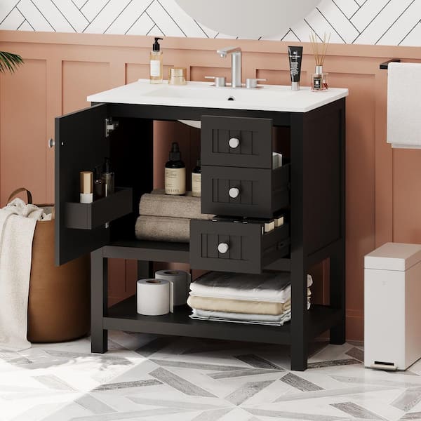 30 in. W x 18.3 in. D x 33.59 in. H Freestanding Bath Vanity in Black with White Ceramic Top