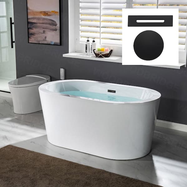 WOODBRIDGE Raleigh 56 in. Acrylic FlatBottom Double Ended Bathtub with Matte Black Overflow and Drain Included in White