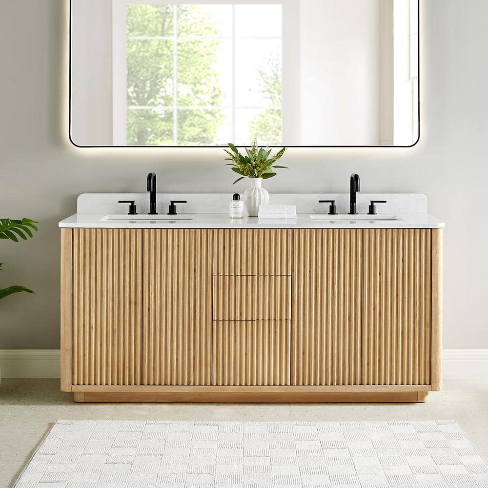 Clayton 72 in. Double Freestanding Washed Light Brown Bath Vanity with Grain White Engineered Stone Top Assembled price history on PriceWatchPro