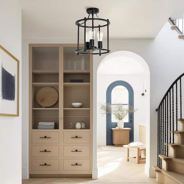 3-Light 13 in. Black Cage Semi-Flush Mount Ceiling Light, Vintage Farmhouse Fixture for Dining Room and Hallway