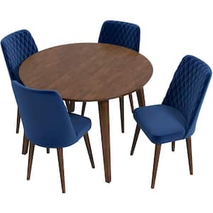 Peooer 5-Piece Mid-Century Modern Round 43 in. Walnut Top Dining Set with 4 Velvet Dining Chairs in Navy Blue