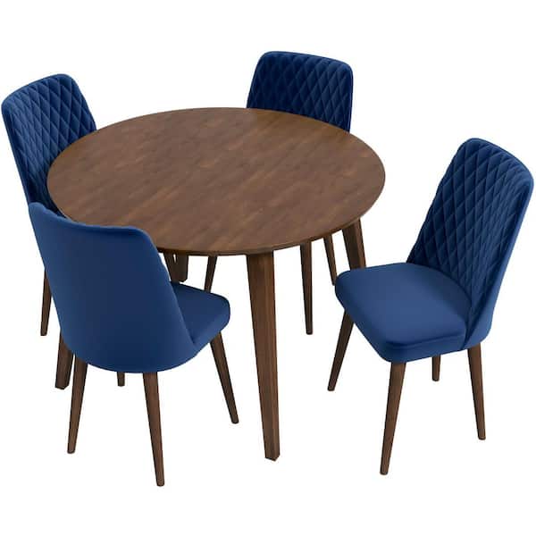 Ashcroft Furniture Co Peooer 5-Piece Mid-Century Modern Round 43 in. Walnut Top Dining Set with 4 Velvet Dining Chairs in Navy Blue