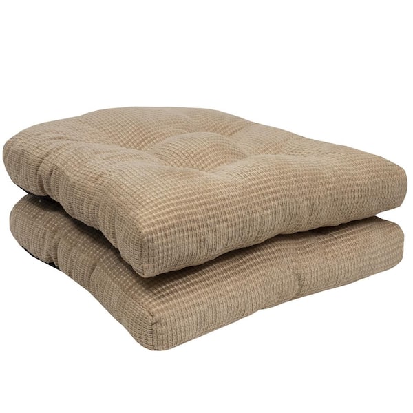 Sweet Home Collection Fluffy Tufted Memory Foam Square 16 in. x 16 in. Non-Slip Indoor/Outdoor Chair Cushion with Ties, Taupe (2-Pack)