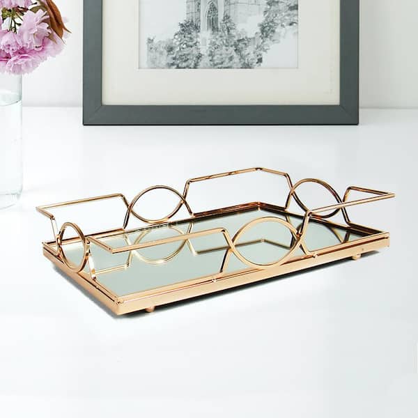 LIVING LUXURY Art Deco Rectangle Metal Mirror Gold Decorative Tray 14in