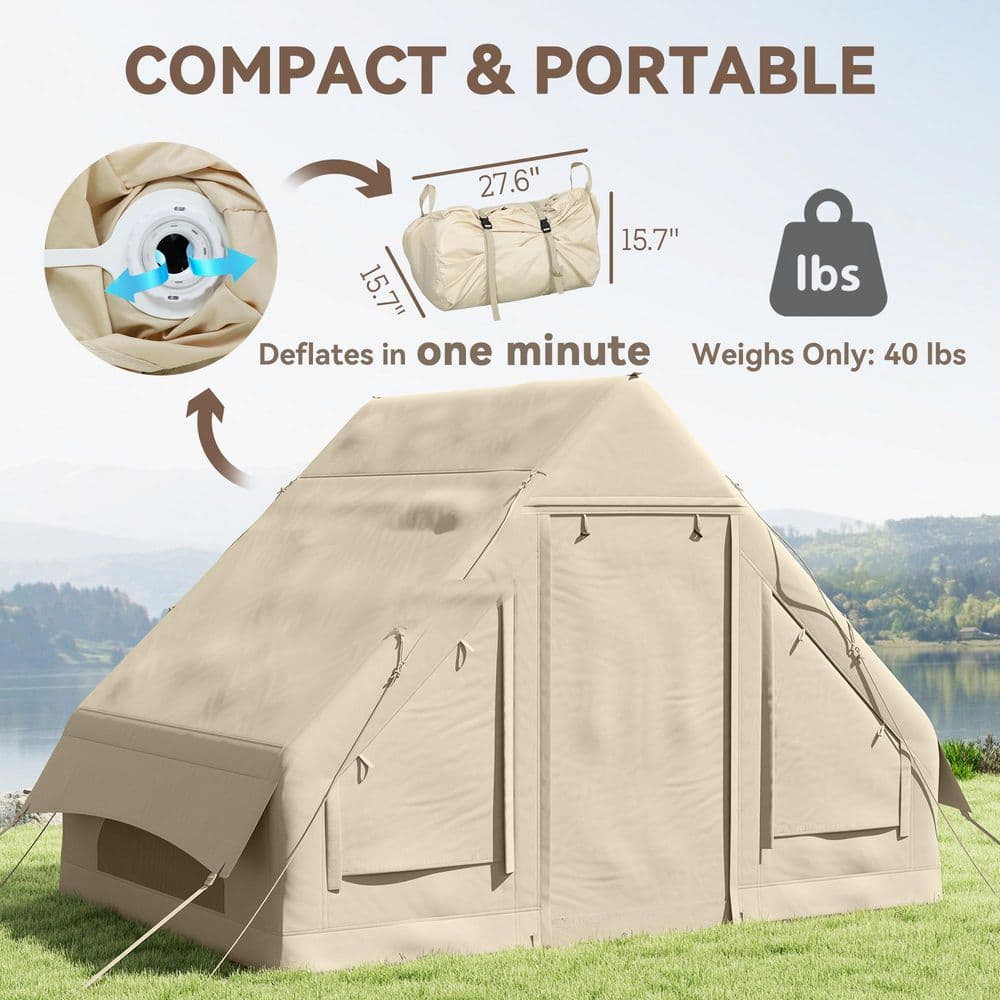 White Inflatable 3-Person Cabin Tent with Mesh Windows and Doors