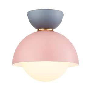 Conner 7.8 in. 1-Light Macaron Grey and Pink Flush Mount Light with Opal Bubble Shade