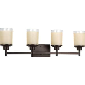 Alexa Collection 31 in. 4-Light Antique Bronze Etched Umber Linen With Clear Edge Glass Modern Bathroom Vanity Light