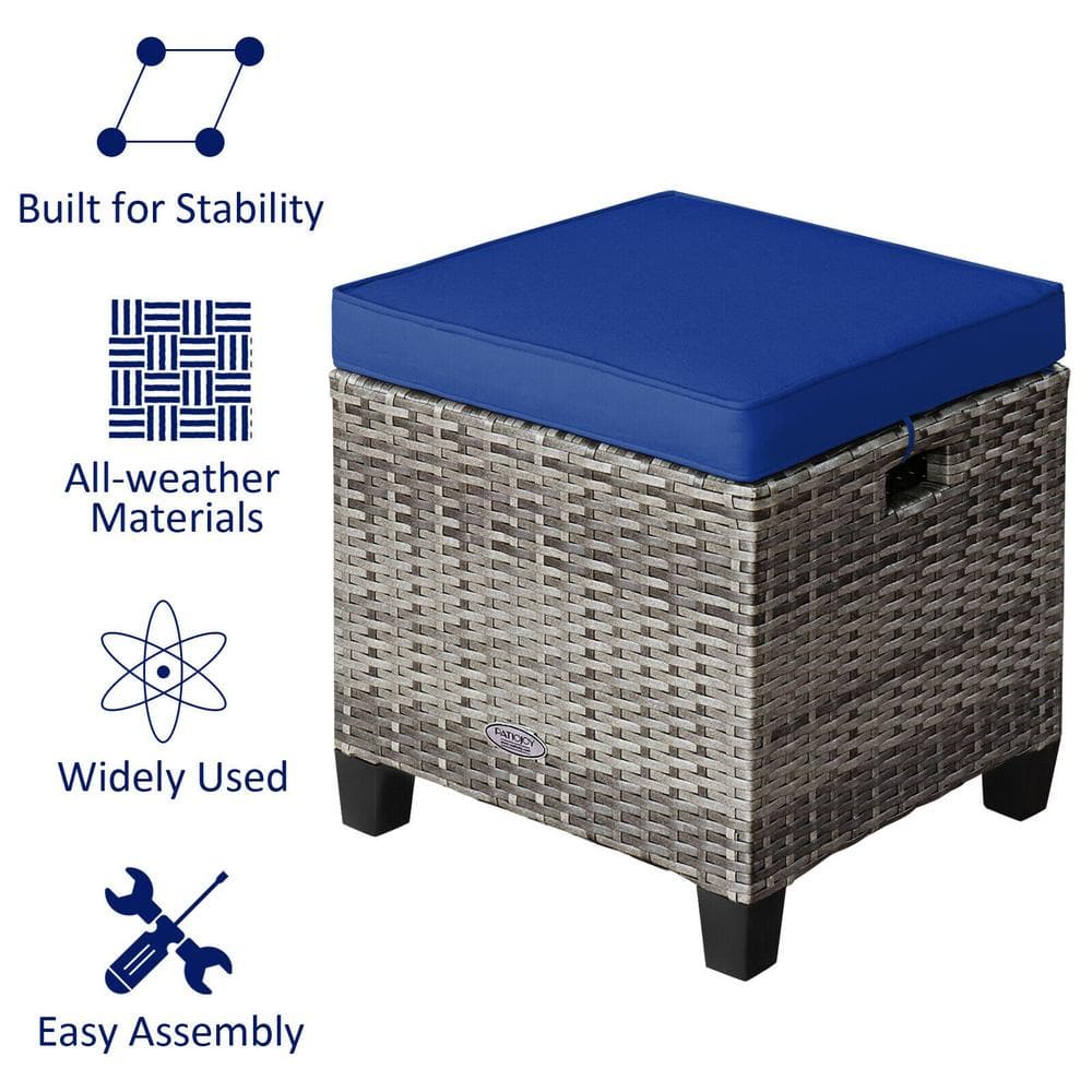 Mix Gray Steel Frame Outdoor Ottomans with Navy Cushions, 2 Pack